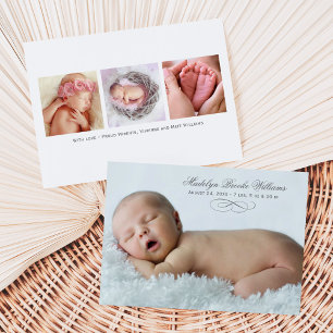 Elegant Script Gray Baby Multi Photo Birth Announcement