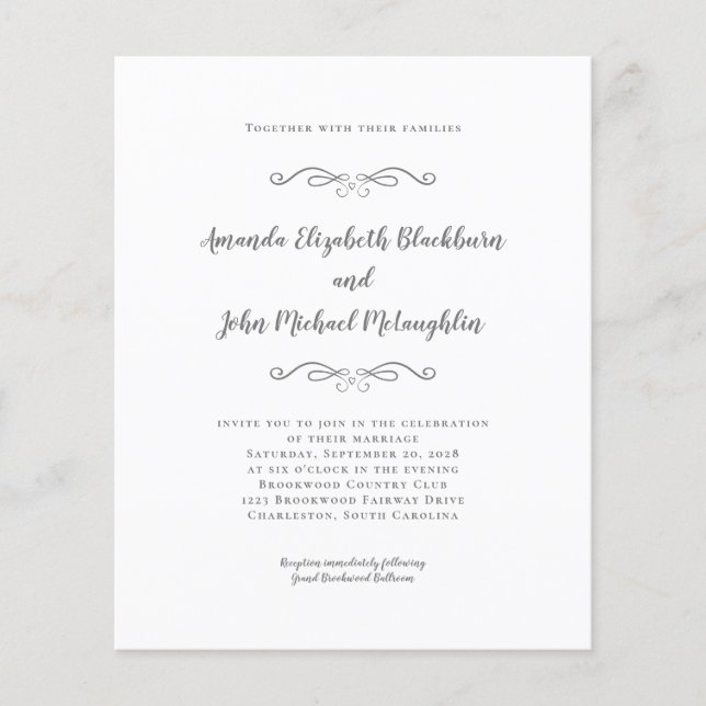 Elegant Script Gray Budget Wedding Invitation (Front)