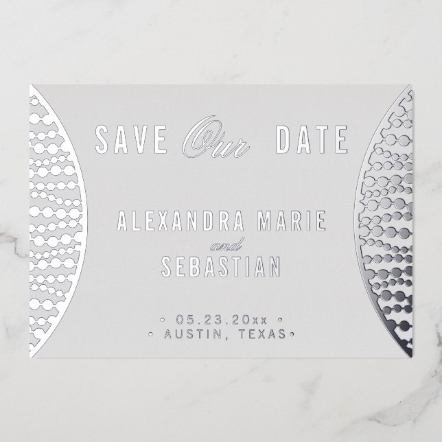 Elegant Script Gray Pearls Save the Date Silver Foil Invitation (Front)