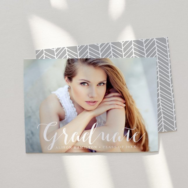 Elegant Script Gray Photo Graduation Announcement (Creator Uploaded)