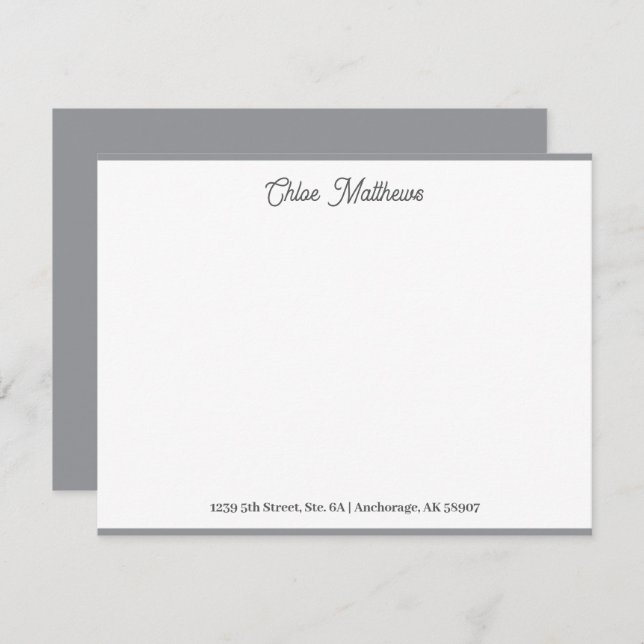 Elegant Script Gray Stationery Border  Note Card (Front/Back)