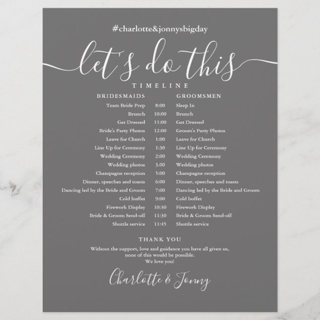 Elegant Script Gray Wedding Schedule Timeline (Front)