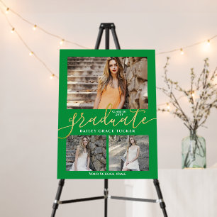 Elegant Script Green 3-Photo Graduation Party Foam Board