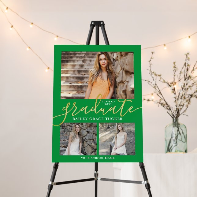 Elegant Script Green 3-Photo Graduation Party Foam Board (In Situ (Stand))