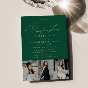 Elegant Script Green 3 Photo Graduation Party Foil Invitation
