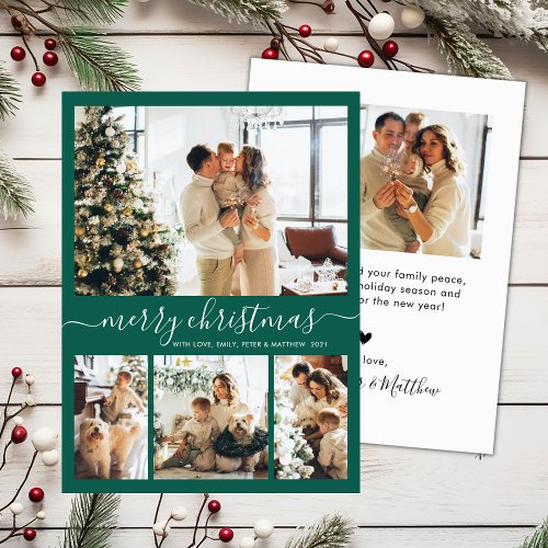 Elegant Script Green 4 Photo Collage Christmas Holiday Card