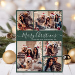 Elegant Script Green 5 Photo Collage Christmas Holiday Card<br><div class="desc">Simple Modern Elegant Calligraphy Green 5 Photo Collage Merry Christmas Script Holiday Card. This festive, whimsical, minimalist five (5) photo holiday greeting card template features a beautiful grid photo collage and says „Merry Christmas”! The „Merry Christmas” greeting text is written in a beautiful hand lettered swirly swash-tail white font script...</div>