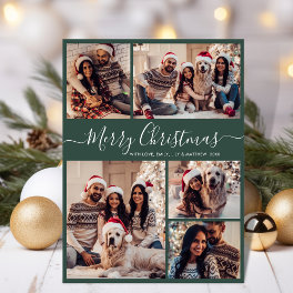 Elegant Script Green 5 Photo Collage Christmas Holiday Card