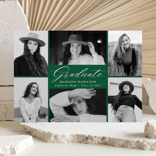 Elegant Script Green 6 Photo Collage Graduation Announcement