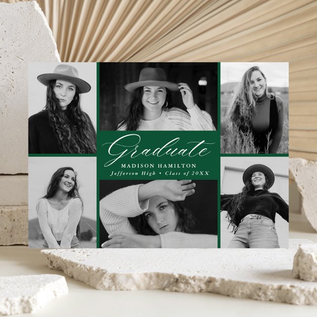 Elegant Script Green 6 Photo Collage Graduation Announcement (Creator Uploaded)