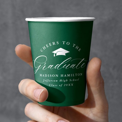 Elegant Script Green Cheers to the Graduate Paper Cups