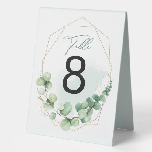 Elegant Script Green Eucalyptus Wedding Number Table Tent Sign