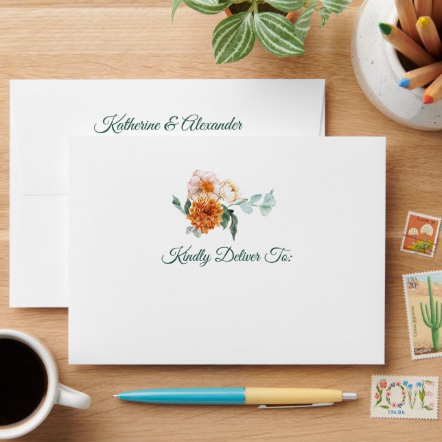 Elegant Script Green Floral Return Address Wedding Envelope (Desk)