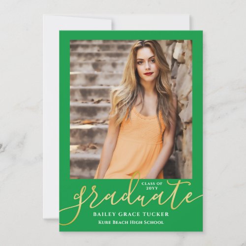 Elegant Script Green Gold 2_Photo Graduation Announcement