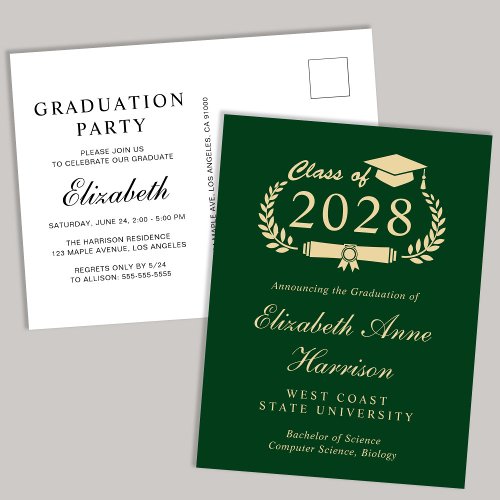 Elegant Script Green Gold College Graduation Party Invitation Postcard