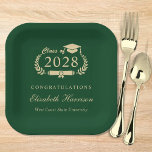 Elegant Script Green Gold Graduation Party Paper Plates<br><div class="desc">Elegant green and gold graduation party paper plates featuring "Class of" in a laurel wreath with a grad cap and diploma,  the graduate's name in a formal script,  and "Congratulations" and their school name in modern classic typography.</div>