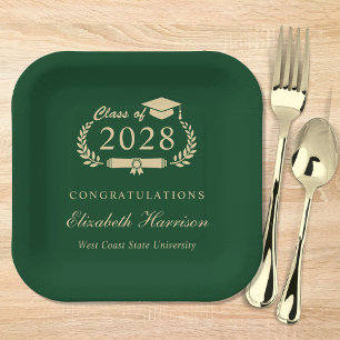 Elegant Script Green Gold Graduation Party Paper Plates