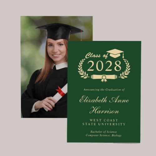 Elegant Script Green Gold Photo College Graduation Announcement