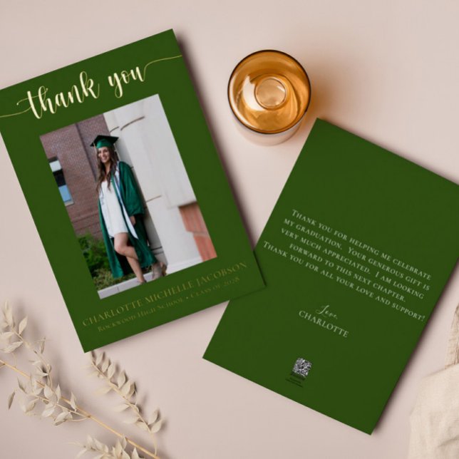 Elegant Script Green Gold Photo Graduation Foil Invitation (Creator Uploaded)