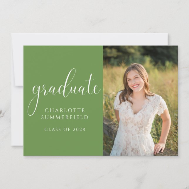 Elegant Script Green Graduation Photo Invitation (Front)