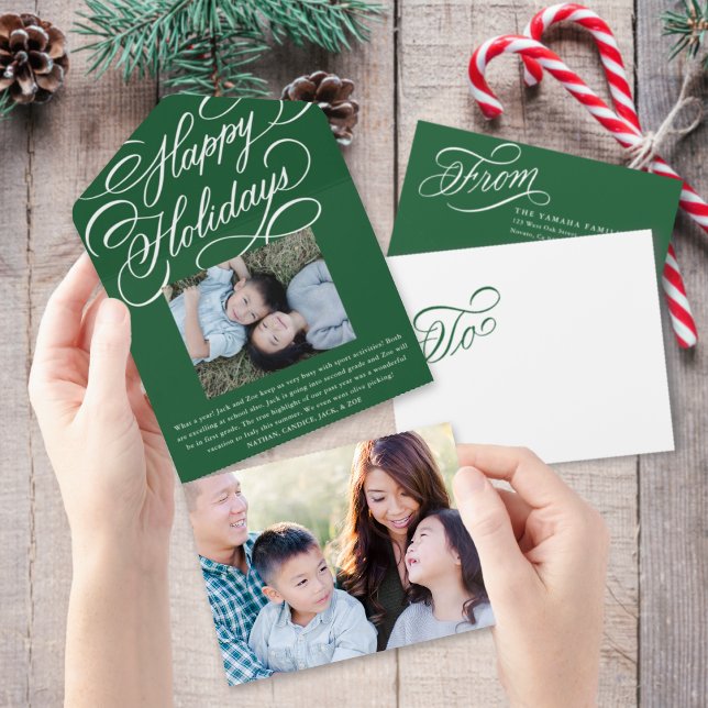 Elegant Script Green Happy Holiday Photo Card (Creator Uploaded)