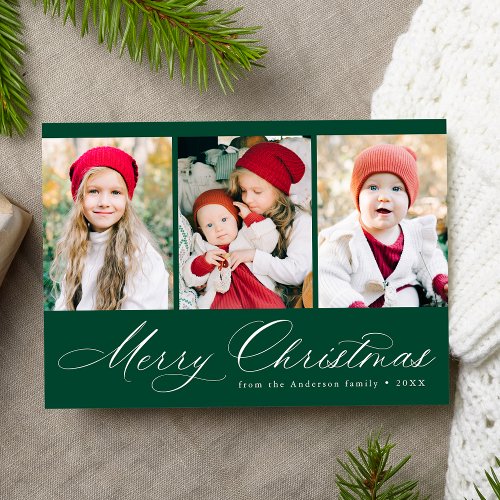 Elegant Script Green Merry Christmas 3 Photo Holiday Card