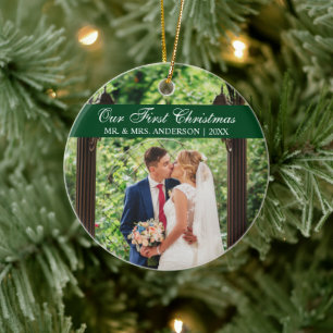 Elegant Script Green Our First Christmas Ceramic Ornament