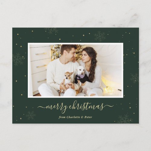 Elegant Script Green Photo Newlyweds Christmas Holiday Postcard