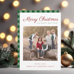 Elegant Script Green Plaid Christmas Photo Holiday Card