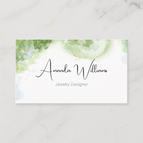 Elegant Script Green Watercolor Gold Business Card