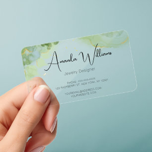 Elegant Script Green Watercolor Gold Clear Business Cards