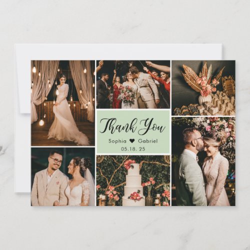 Elegant Script Green Wedding Multi Photo Collage Thank You Card