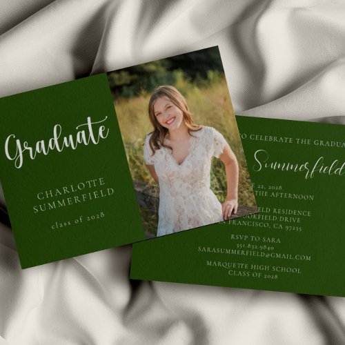 Elegant Script Green White Photo Graduation Invitation