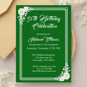 Elegant Script Green White Rose 50th Birthday Invitation