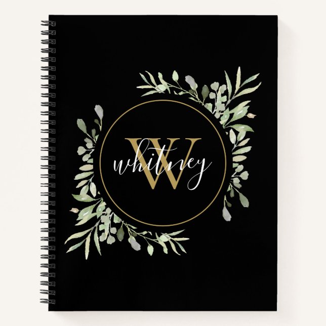 Elegant Script Greenery Chic Gold Monogram Black Notebook (Front)