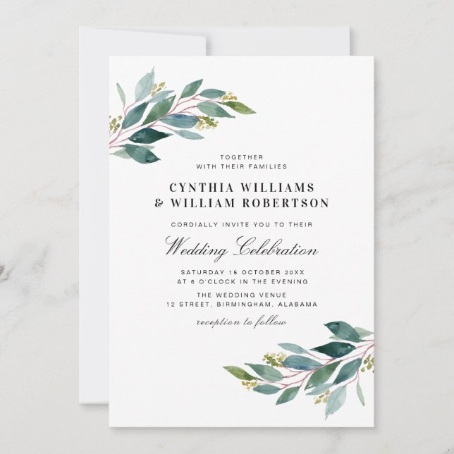 Elegant script greenery eucalyptus wedding invitation (Front)