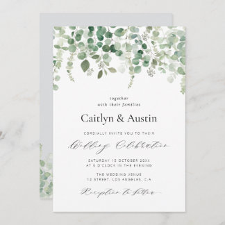 elegant script greenery floral wedding invitation