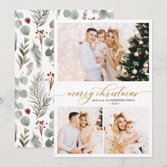 Elegant Script Greenery Foliage 3 Photo Christmas  Holiday Card (Front/Back)