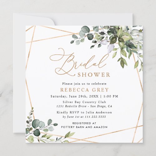 Elegant Script Greenery Gold Bridal Shower Invitation