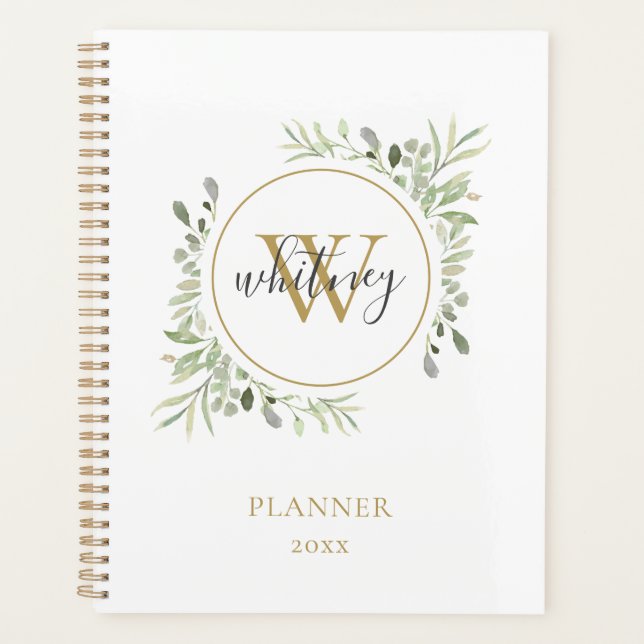Elegant Script Greenery Gold Monogram 2023 Planner (Front)