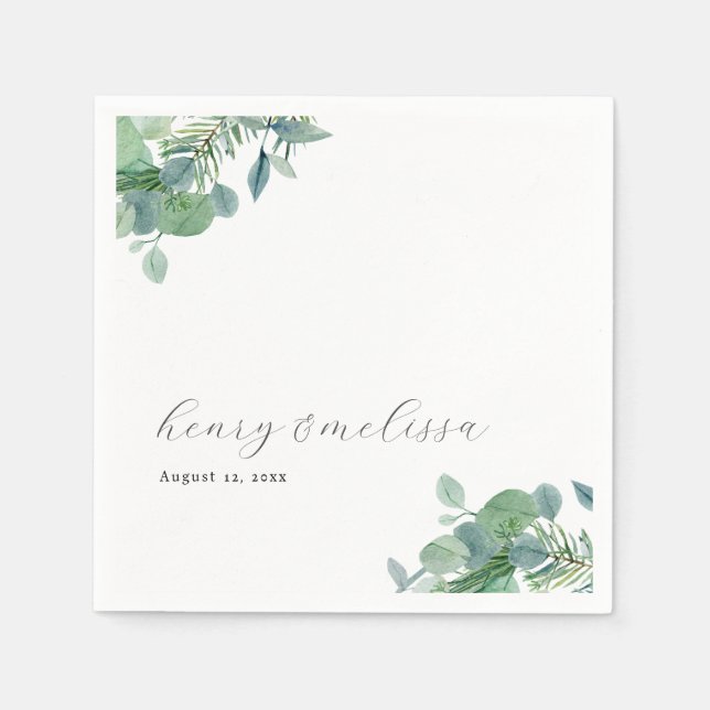 Elegant Script Greenery Leaves Eucalyptus Wedding Napkins (Front)