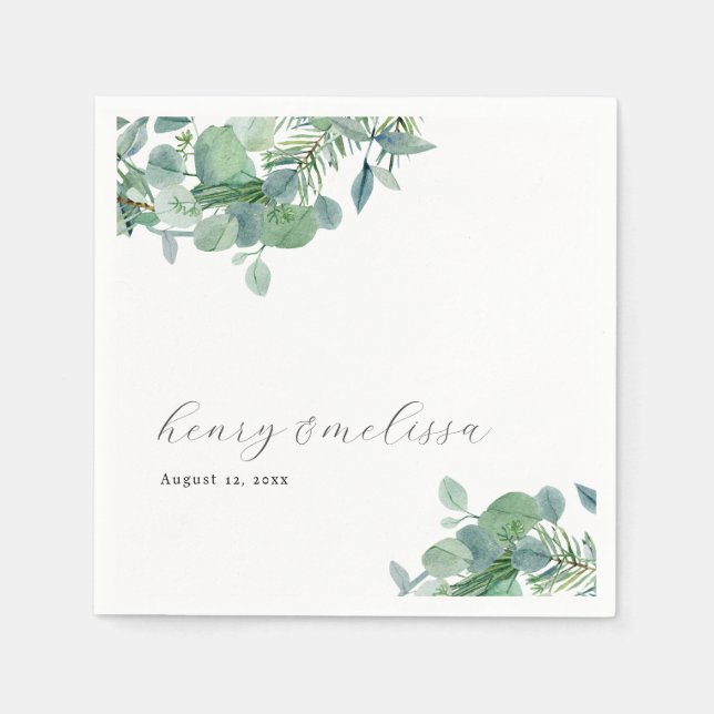 Elegant Script Greenery Leaves Eucalyptus Wedding Napkins (Front)