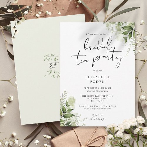Elegant Script Greenery Monogram Bridal Tea Party Invitation
