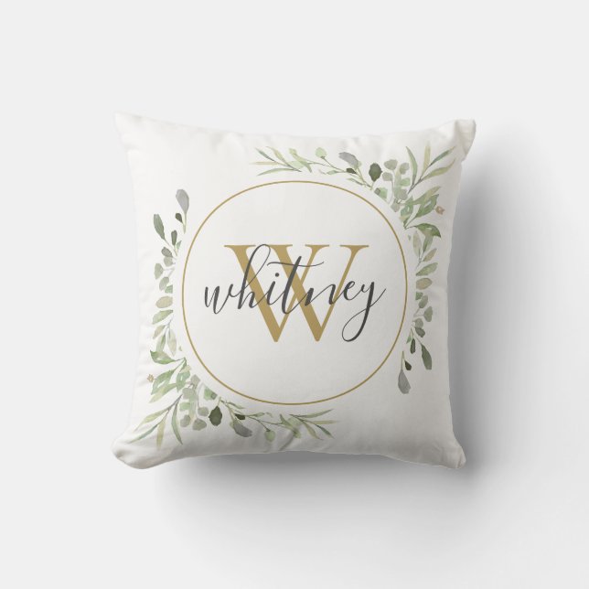 Elegant Script Greenery Monogram Initial Throw Pillow (Front)