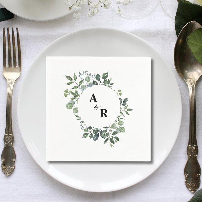 Elegant Script Greenery Monogram Wedding Paper Napkins (Creator Uploaded)