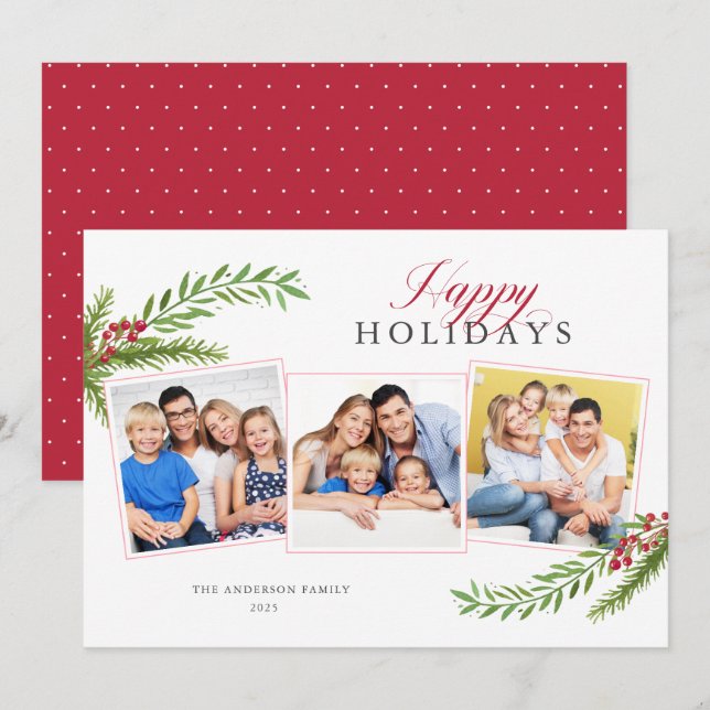 Elegant Script Greenery Photo Happy Holidays Holiday Card (Front/Back)