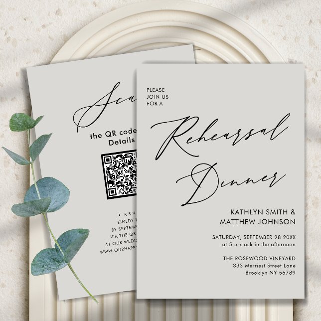 Elegant Script Grey Chic Rehearsal Dinner QR code Invitation (Creator Uploaded)