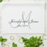 Elegant Script Grey Monogram Newlywed Wedding Kitchen Towel<br><div class="desc">Personalized elegant grey monogram design with bride and groom names and wedding date in black script a white background. Use "customize" menu to change the colors. Makes a great gift for newly weds. Customize with your names,  monogram initial and wedding date. Elke Clarke©</div>