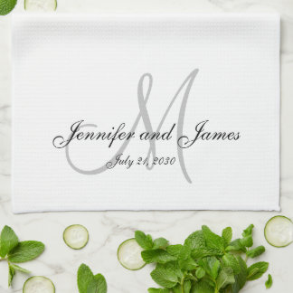 Elegant Script Grey Monogram Newlywed Wedding Kitchen Towel