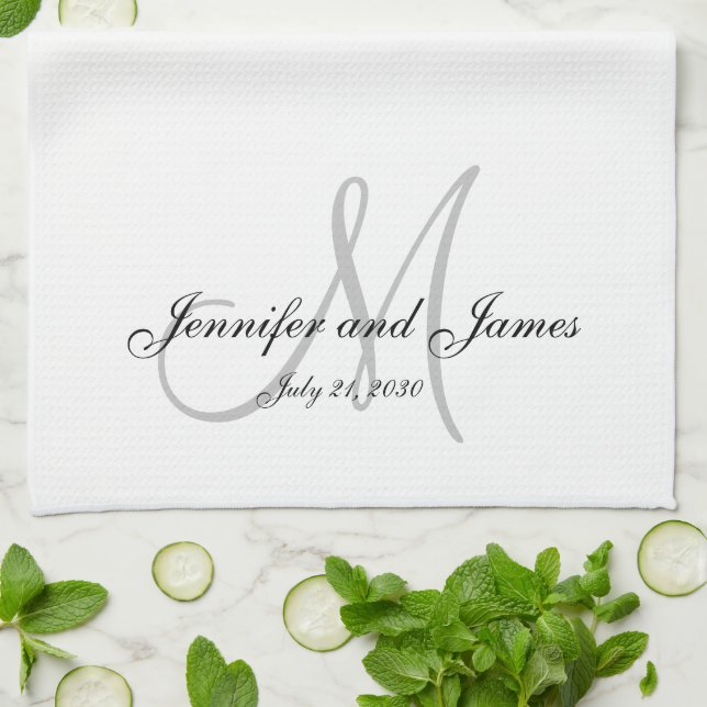 Elegant Script Grey Monogram Newlywed Wedding Kitchen Towel (Folded)